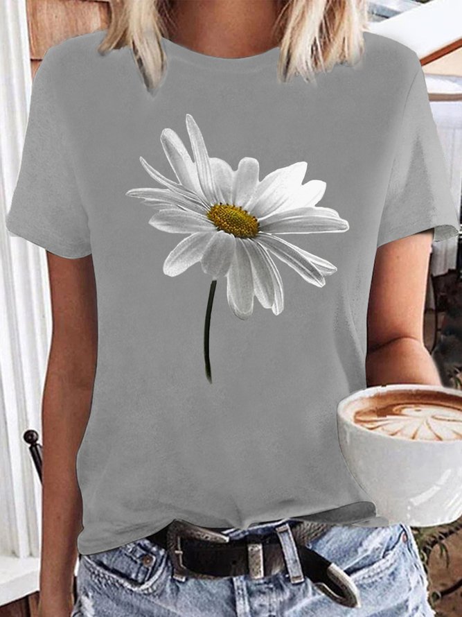 Casual Sunflower Short Sleeve Round Neck Plus Size Printed Tops T-shirts