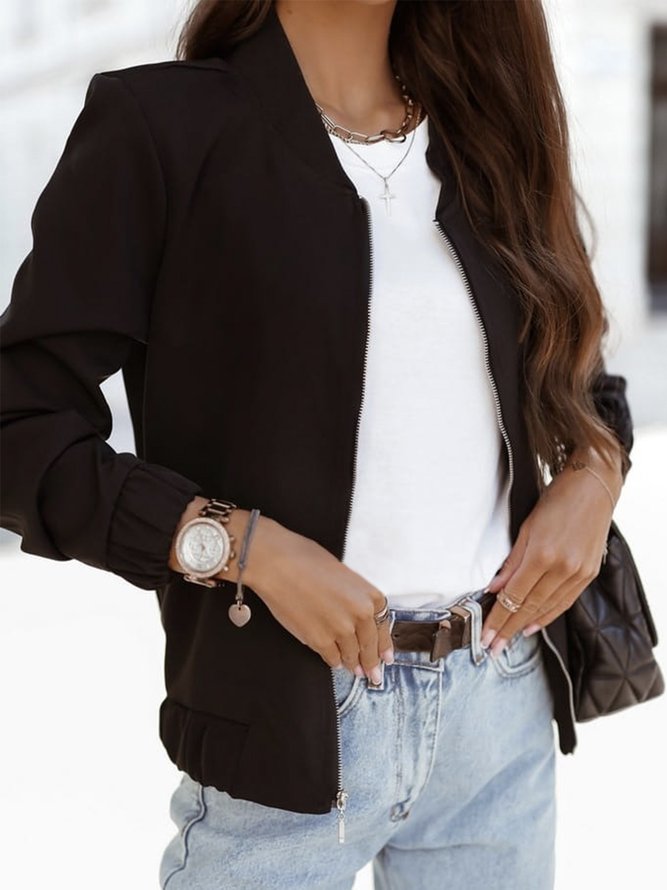 Plain Zipper Long Sleeve Plus Size Casual Jacket