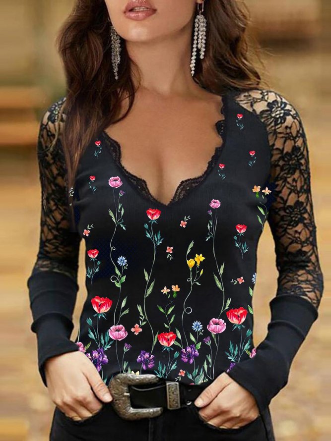 Floral V Neck Lace Casual Tops