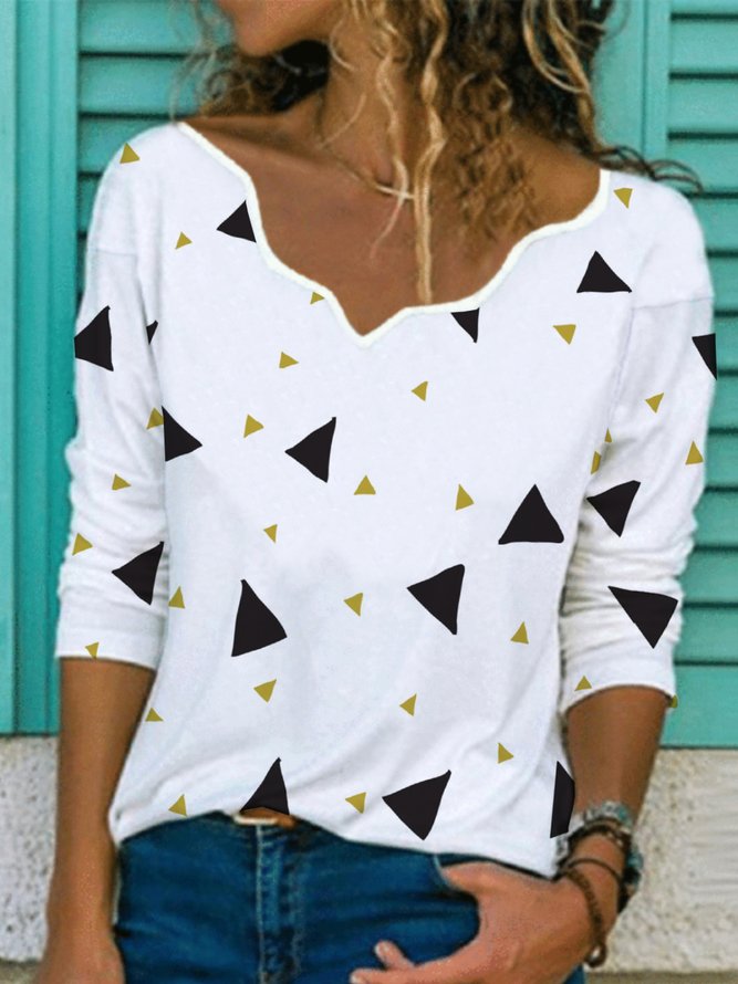 Casual Geometric Long Sleeve V Neck Plus Size Printed Tops T-shirts