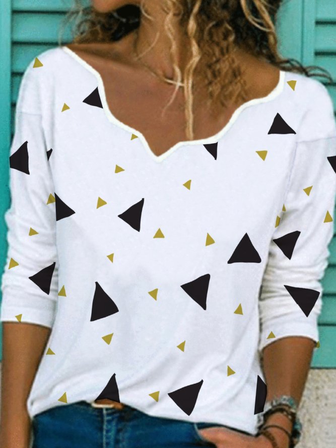 Casual Geometric Long Sleeve V Neck Plus Size Printed Tops T-shirts