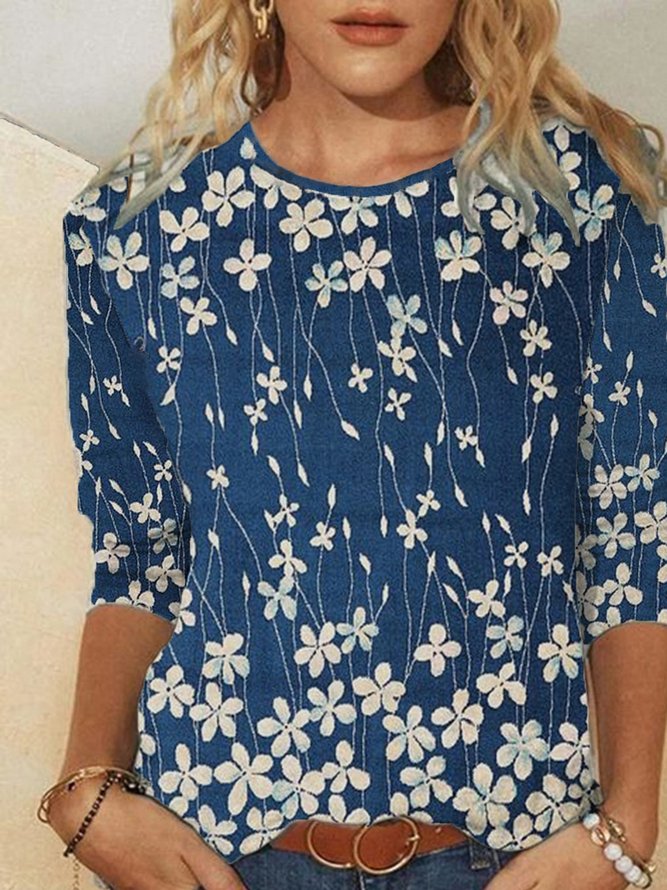 Floral Casual Crew Neck Long Sleeve T-Shirt
