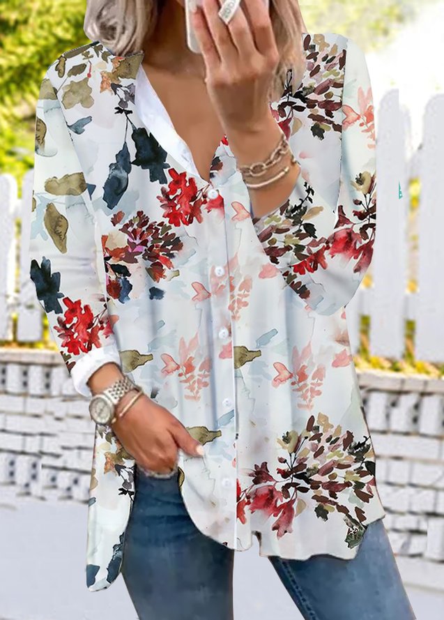 Shirt Collar Floral Casual Blouse