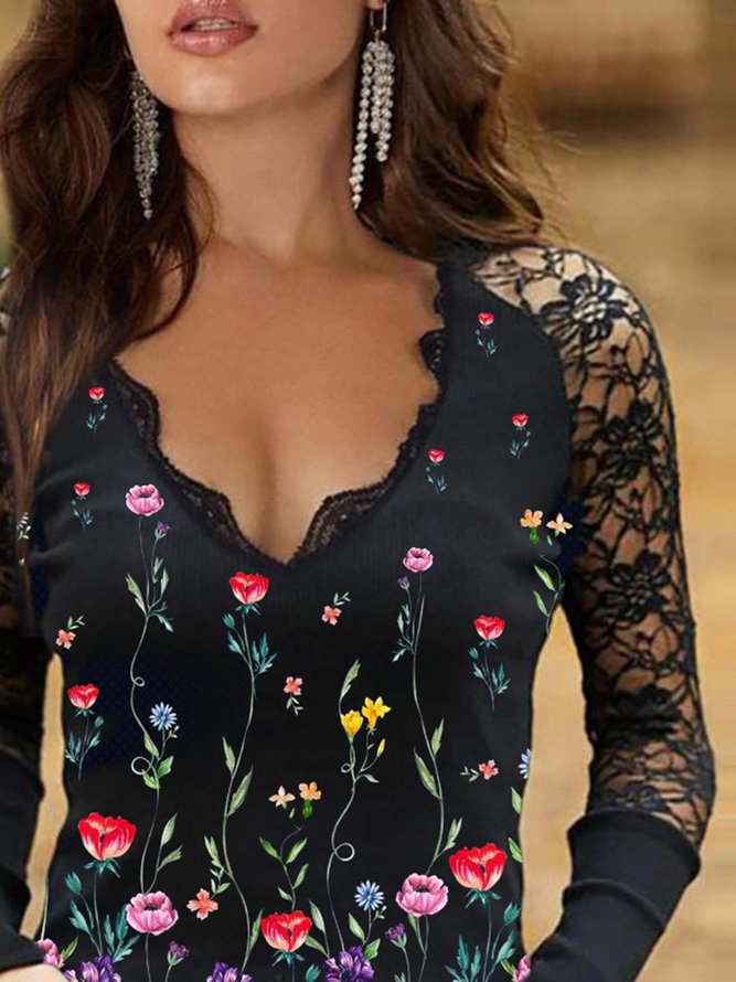 Floral V Neck Lace Casual Tops