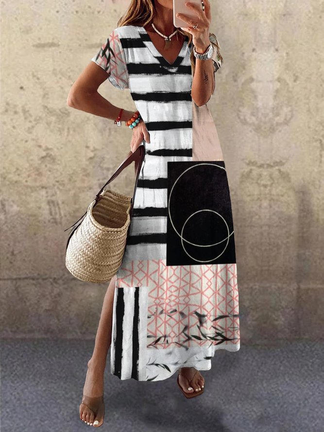 Casual Abstract Short Sleeve V Neck Plus Size Printed Dress