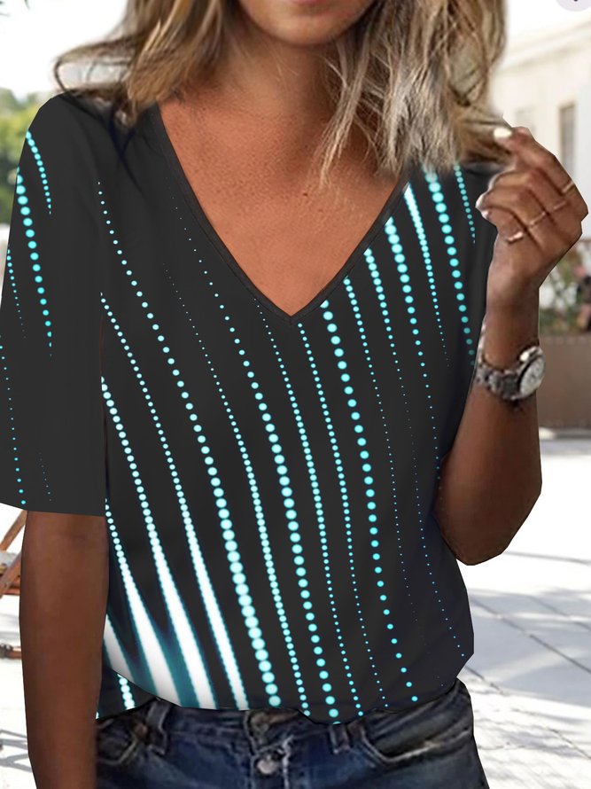 Geometric Gradient Printed V-neck Casual Medium Sleeve T-shirt