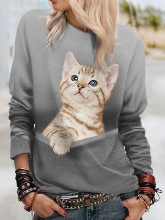 Cat Printed Crew Neck Loose Sweatshirts