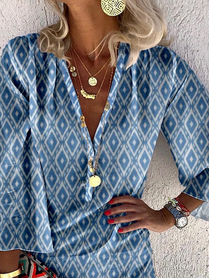 Geometric Long Sleeve V Neck Casual Dress