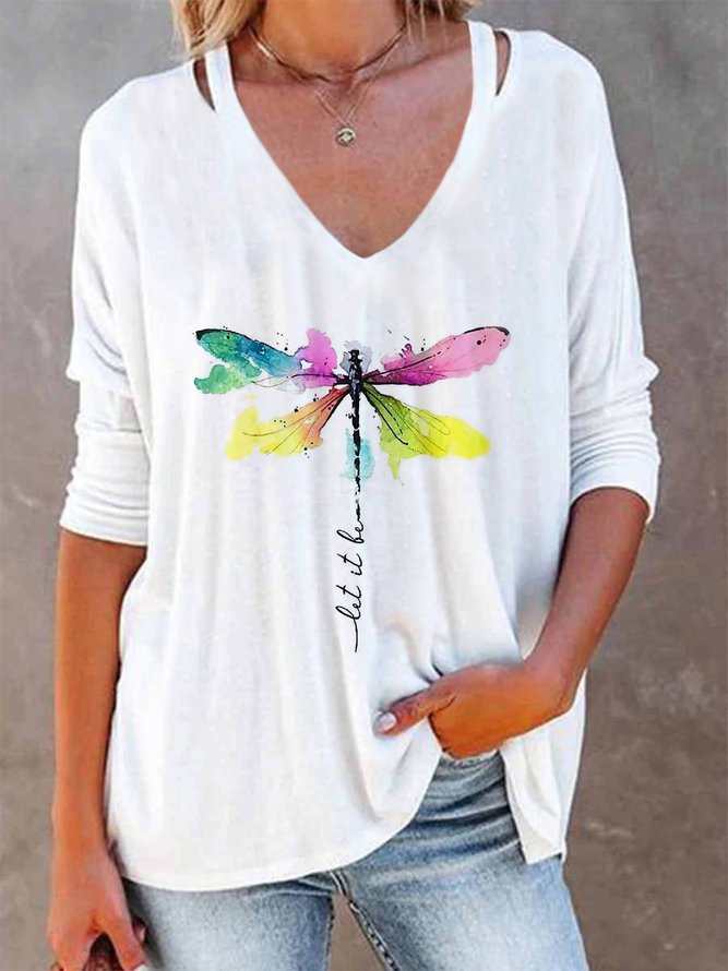 Dragonfly Long Sleeve V Neck Casual T-Shirt