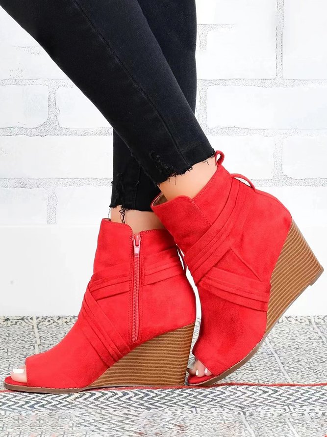Faux Suede Strap Wedge Fish Mouth Boots
