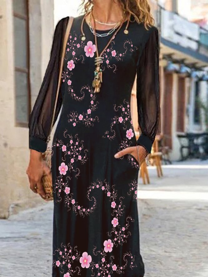 Casual Floral Mesh Long Sleeve A-Line Dresses