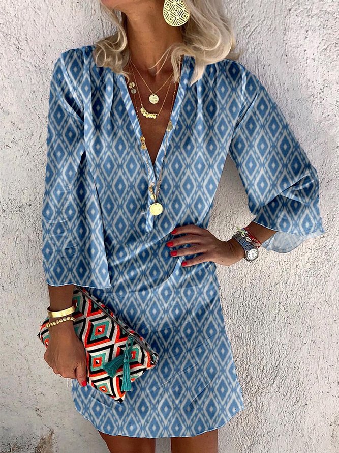 Geometric Long Sleeve V Neck Casual Dress