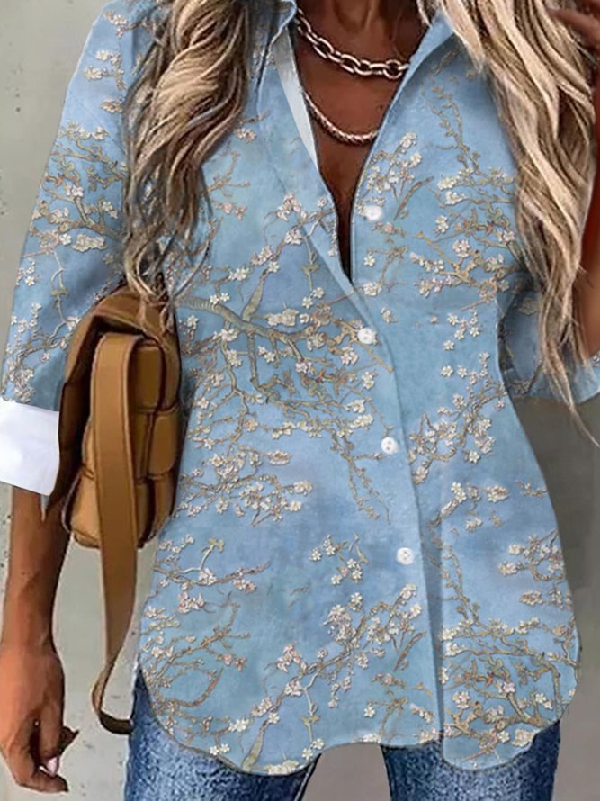 Casual Floral Long Sleeve Shirt Collar Printed Tops Blouses