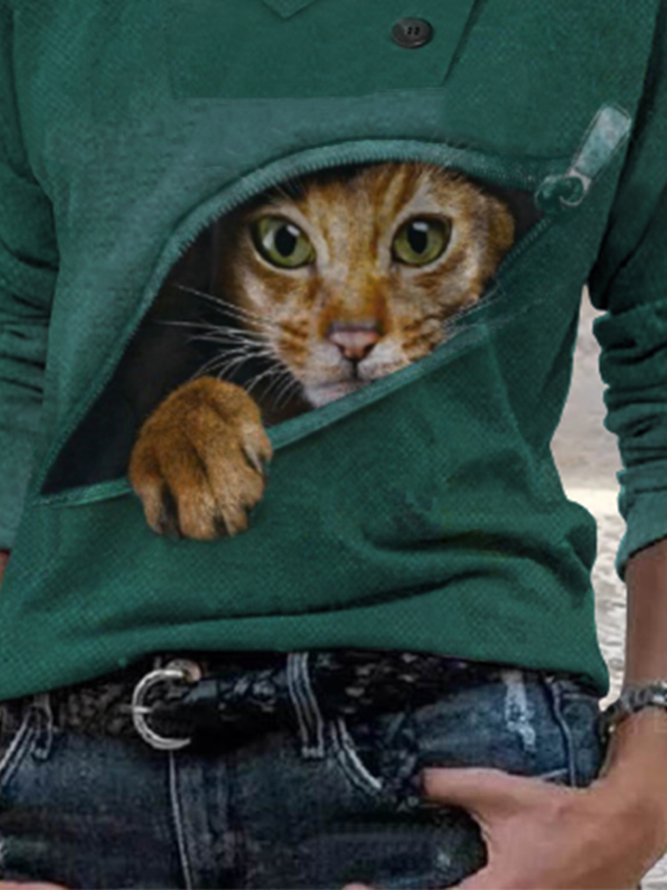 Cat Long Sleeve Buttoned Plus Size Casual T-Shirt