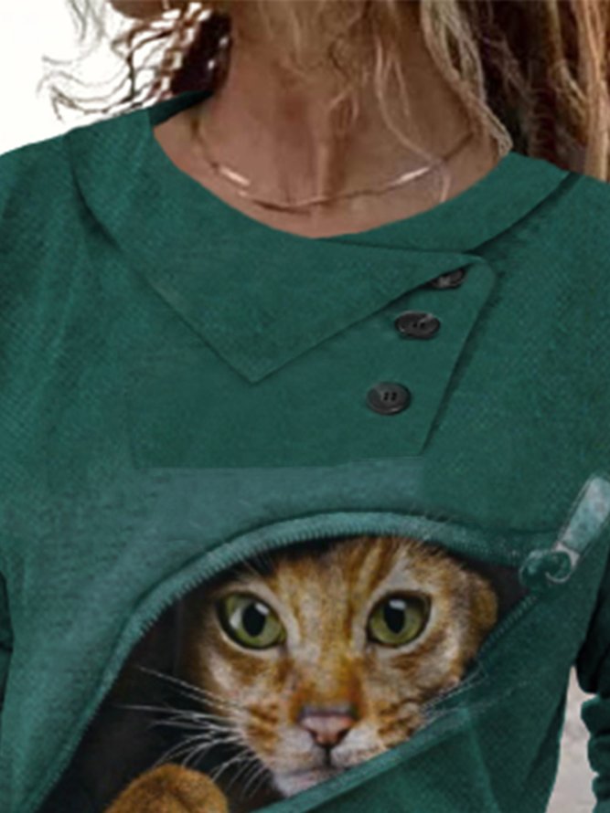 Cat Long Sleeve Buttoned Plus Size Casual T-Shirt