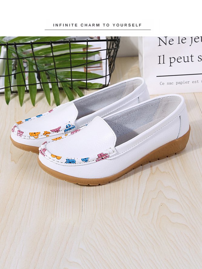 Colorful Flower Print Leather Upper Casual Loafers
