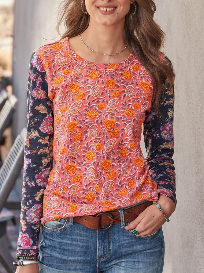 Floral Casual Long Sleeve Loose T-Shirt