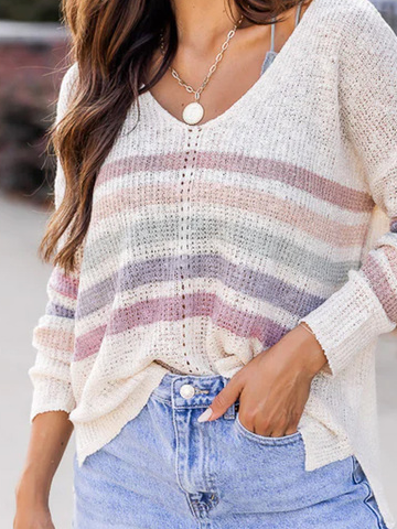 Casual Color Block V-neck Long Sleeve Sweater