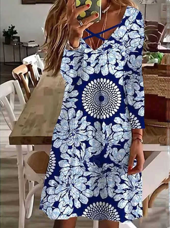 Casual Loose Floral Cross Neck Long Sleeve Dresses