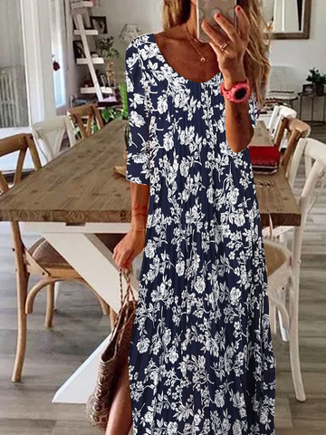 Floral Printed Loose Casual Crew Neck Dresses
