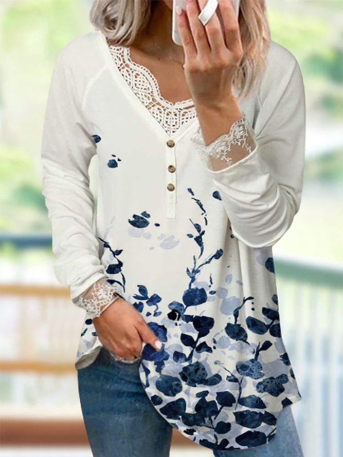 Floral Long Sleeve Lace Buttoned V Neck Plus Size Casual Tops