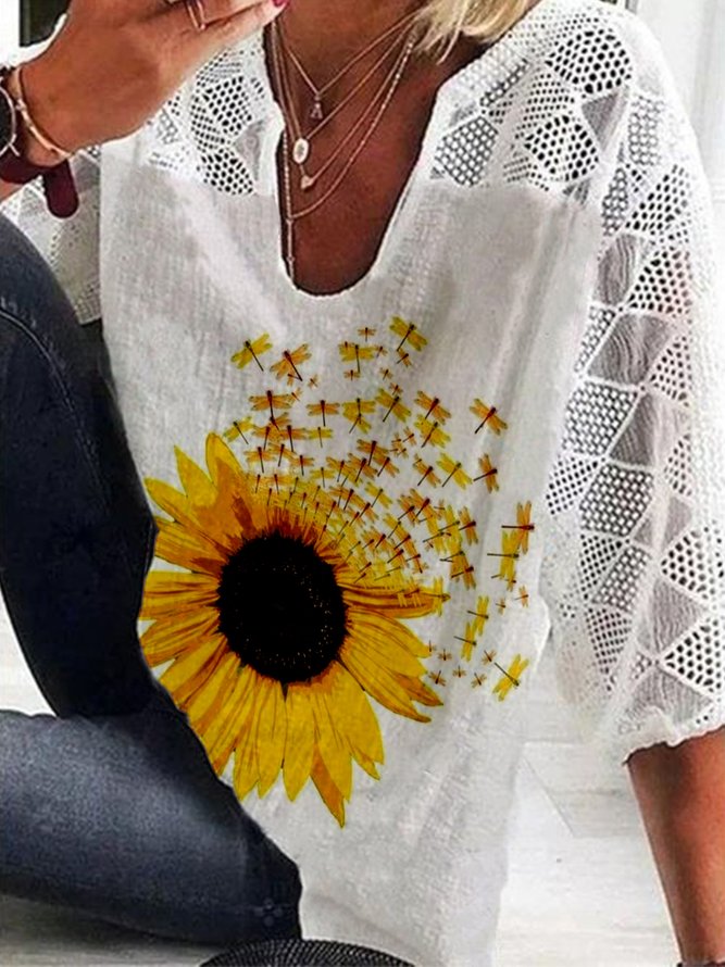 Sunflower Lace 3/4 Sleeve Notched Plus Size Casual Tops