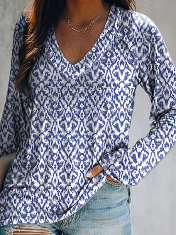 Casual V Neck Geometric Printed T-Shirt