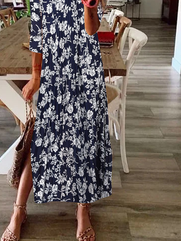 Floral Printed Loose Casual Crew Neck Dresses