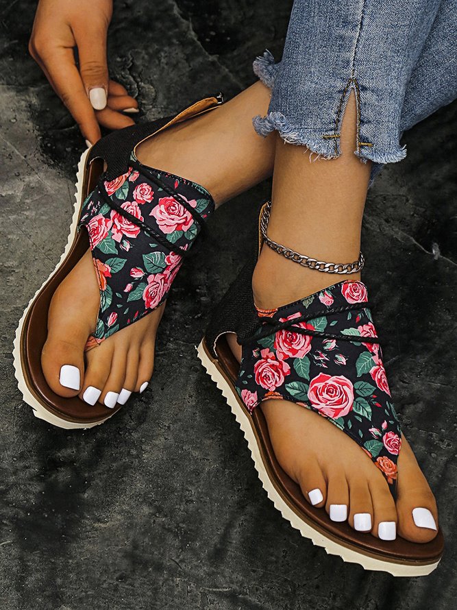 Rose Print Lace-up Thong Sandals