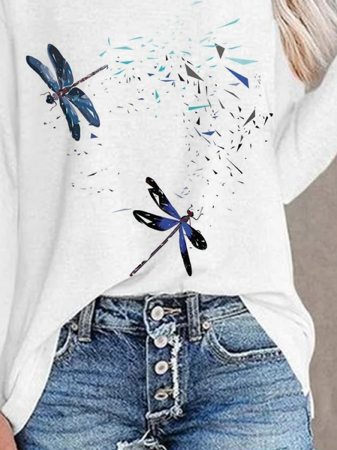 Casual Dragonfly Crew Neck Loose Long sleeve T-Shirt