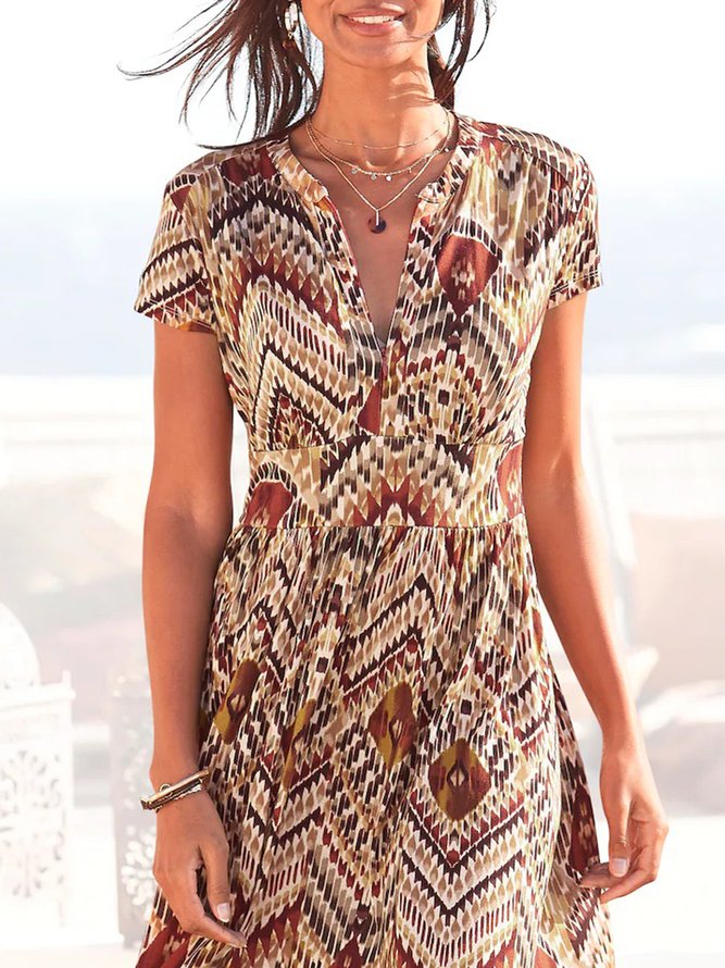Women Casual Ethnic Autumn Polyester V neck Micro-Elasticity Daily Loose Short sleeve Dresses