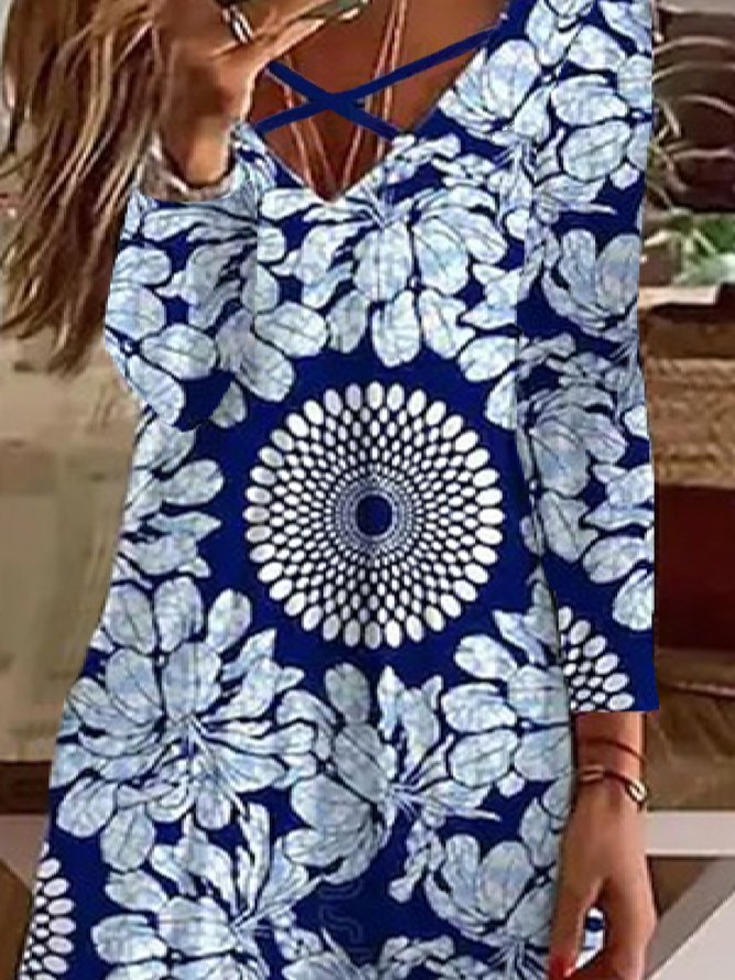 Casual Loose Floral Cross Neck Long Sleeve Dresses
