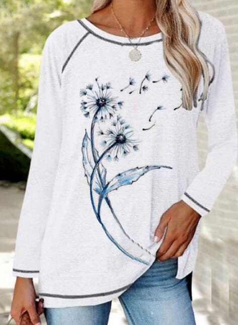 Casual Autumn Dandelion Household Jersey Long sleeve Crew Neck Regular Regular Size T-shirt for Women