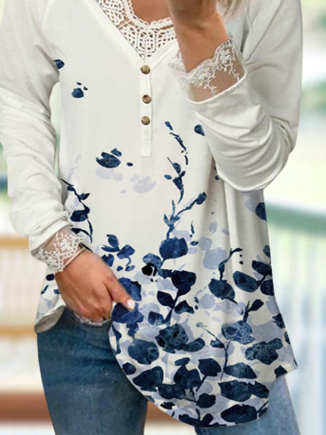 Floral Long Sleeve Lace Buttoned V Neck Plus Size Casual Tops