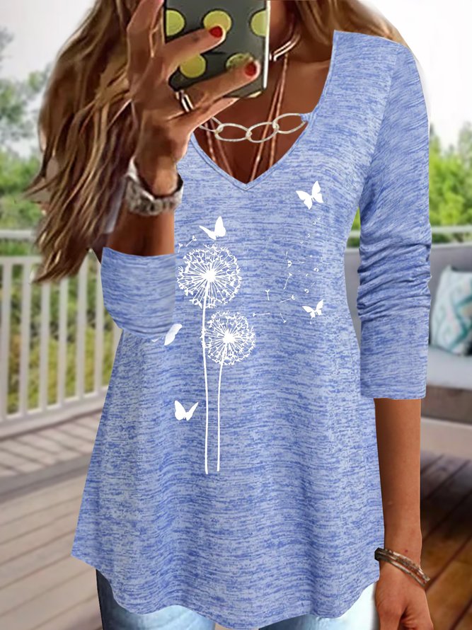 Casual Autumn Dandelion Loose Standard Long sleeve Regular A-Line Regular Size T-shirt for Women