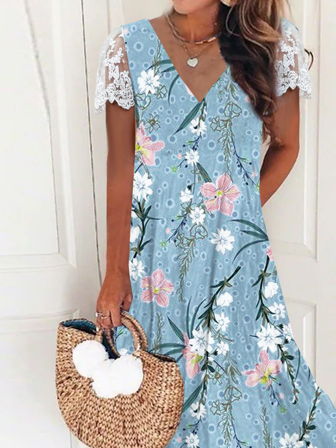 Casual Floral Summer Polyester V neck Daily H-Line Others Regular Size Dresses for Women