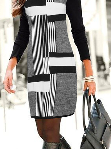 Women Striped Casual Autumn Natural High Elasticity Standard Long sleeve A-Line Regular Size Dresses