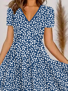 Women Casual Floral Summer Micro-Elasticity Jersey Midi Short sleeve A-Line Regular Dresses