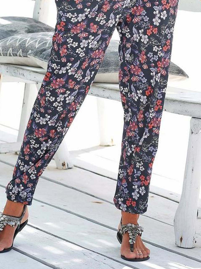 Casual Floral Autumn Natural Micro-Elasticity Jersey Best Sell Long Regular Casual Pants for Women