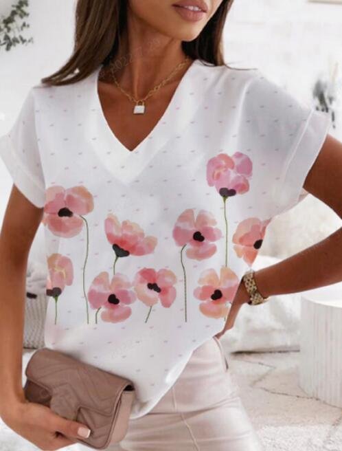 Polka Dots Casual Summer Polyester V neck Lightweight Daily Regular Regular Size Tops for Women