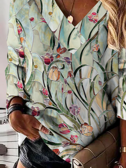 Casual Floral Autumn V neck Daily Loose Jersey Regular H-Line Sweatshirt for Women