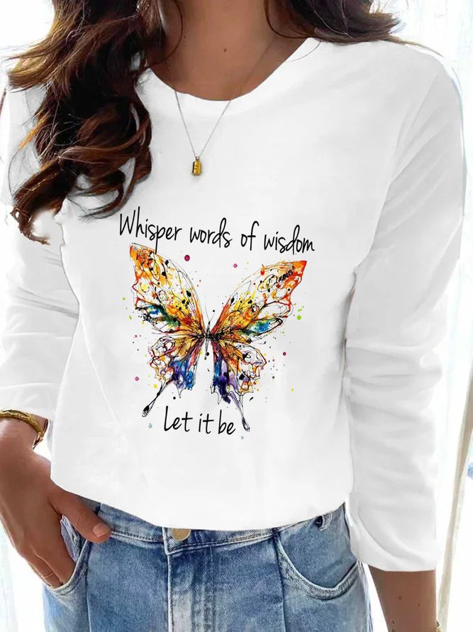 Women Casual Autumn Butterfly Lightweight Micro-Elasticity Standard Crew Neck H-Line Regular Size T-shirt