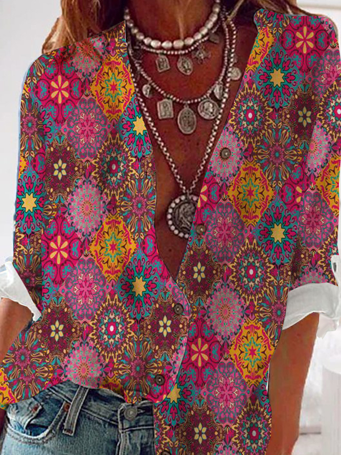 Vintage Ethnic Autumn Loose Best Sell Regular H-Line Regular Shirt Collar Blouse for Women