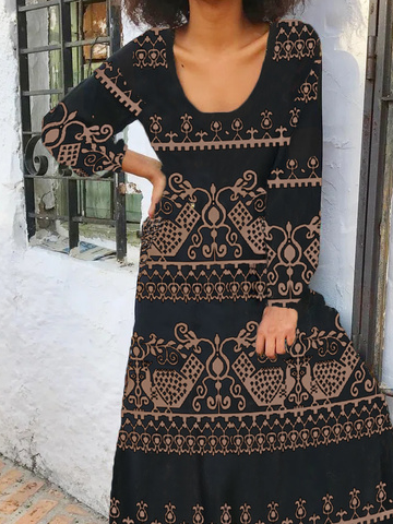 Women Vintage Ethnic Autumn Polyester Natural Long Best Sell Crew Neck A-Line Dresses