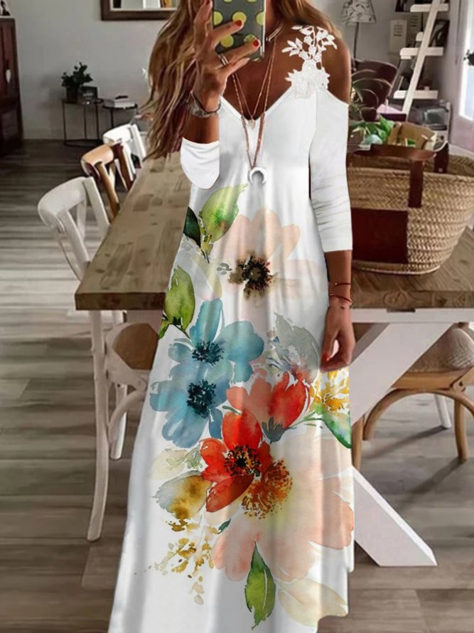 Women Casual Floral Autumn V neck Micro-Elasticity Daily Loose Hot List Long sleeve Dresses