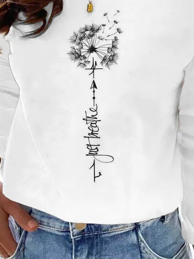 Casual Autumn Dandelion Micro-Elasticity Daily Loose Long sleeve Crew Neck Regular T-shirt for Women