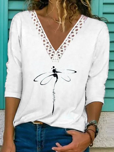 Women Casual Autumn Dragonfly V neck Micro-Elasticity Daily Loose Hot List Regular Size T-shirt