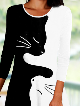 Casual Autumn Cat Daily Loose Jersey Long sleeve T-Shirt Dress Regular Dresses for Women