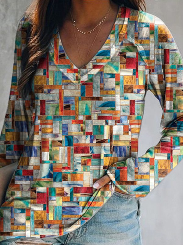 Women Geometric Casual Autumn Micro-Elasticity Jersey Best Sell Long sleeve Regular Regular Size T-shirt