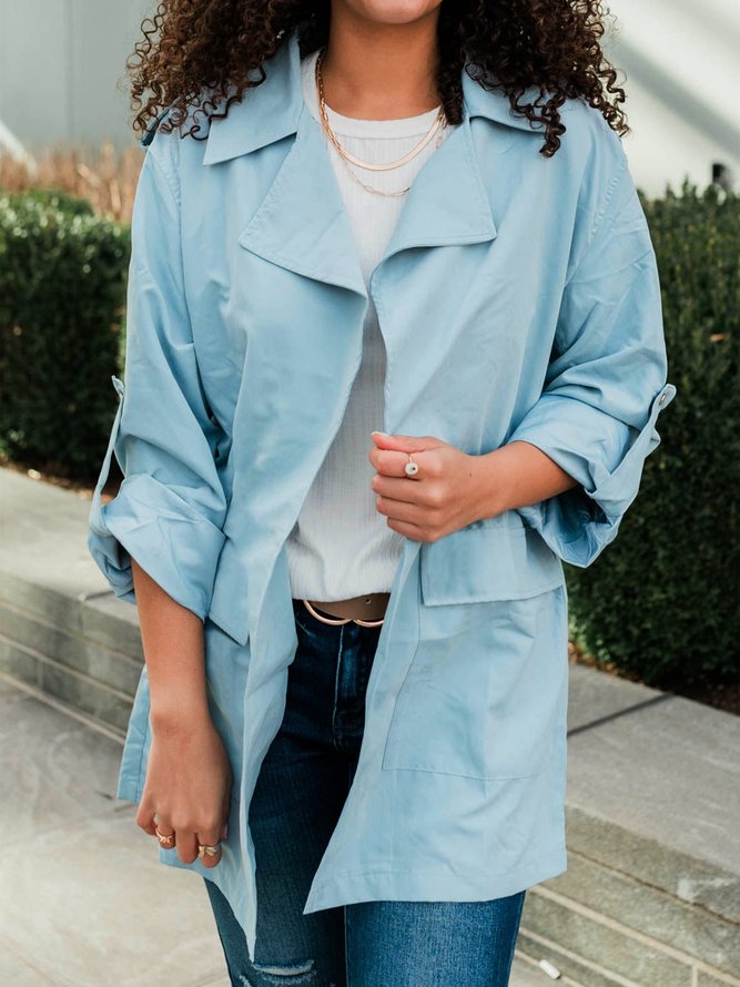 Women Casual Plain Autumn Micro-Elasticity Daily Loose Lapel Collar Mid-long Regular Size Jacket